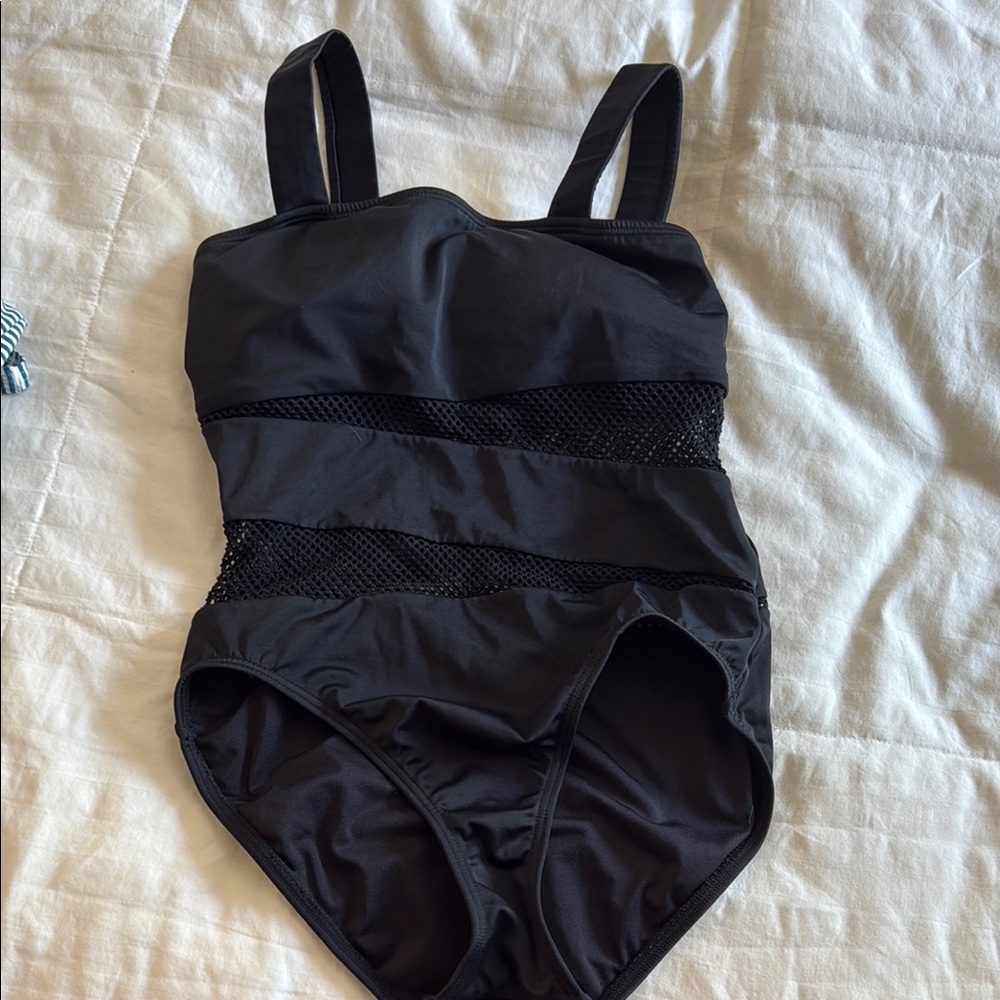 Black Women's One-Piece Swimsuit with Mesh Panels